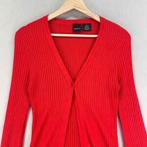 Vintage Y2K Xhiliration Cardigan Sweater Womens L Red Duster Bell Sleeve Ribbed